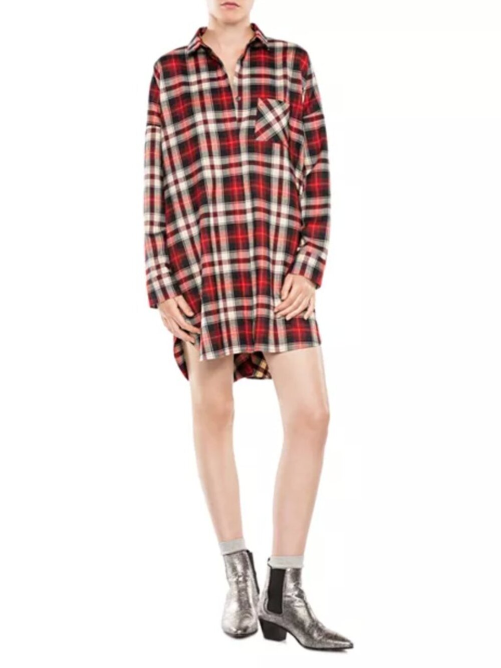 Maje Grungy Plaid Shirt Dress Red Black Size 1